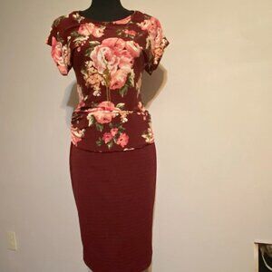 Burgandy skirt and matching floral blouse with removable gold necklace